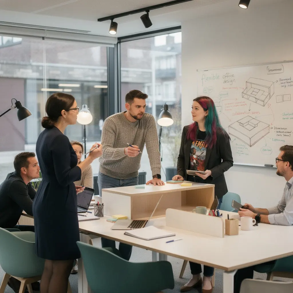 Een modern kantoor met een flexibele indeling en modulaire meubels.