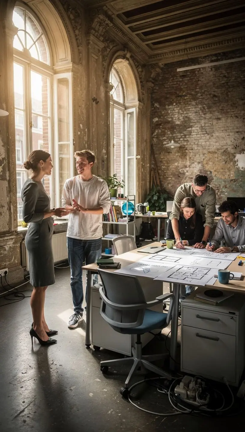 Creatieve opstelling van kantoorinrichting met groene planten en natuurlijke verlichting.