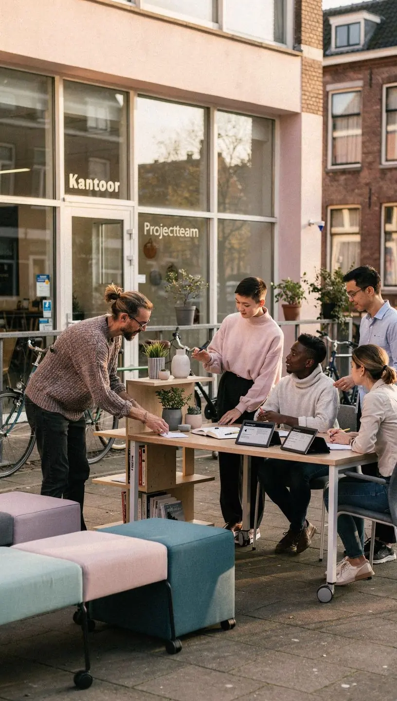 Een vergaderruimte met een interactieve tafel en verstelbare stoelen voor samenwerking.