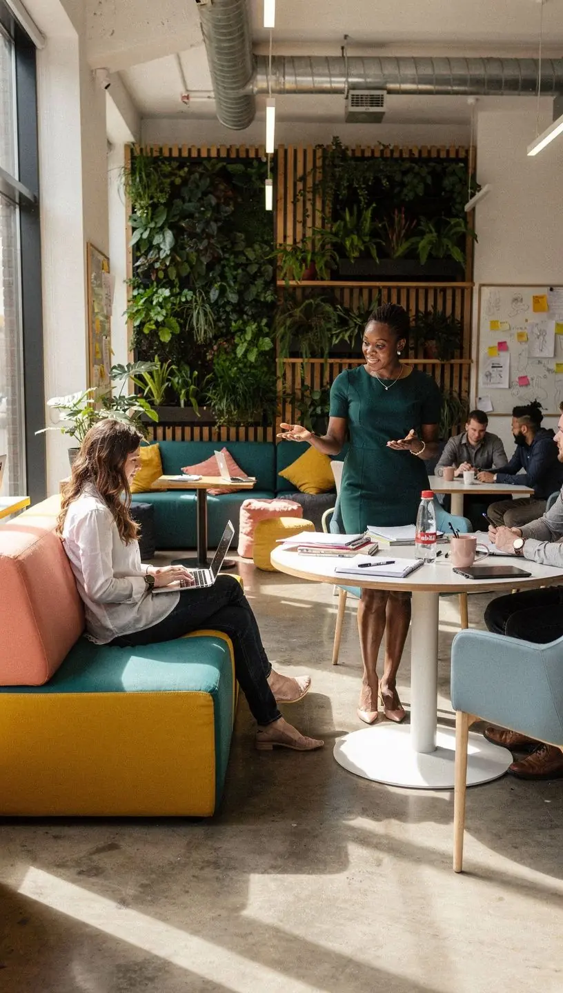Een inspirerende kantoorruimte met multifunctionele meubels en kleurrijke accenten.